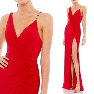 NEW Mac Duggal 26532 Size 10 Red V-Neck Ruched Pearl Strap Long Maxi Gown Dress